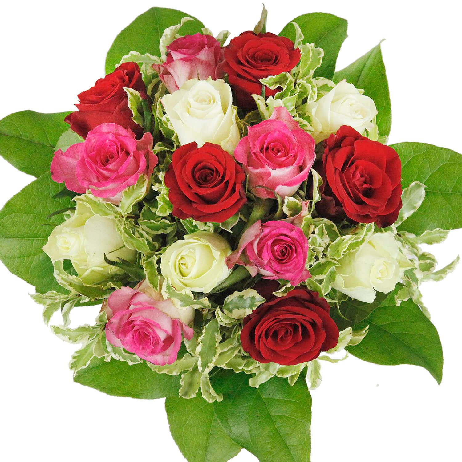 Rote, weiße, rosa Rosen im Blumenstrauß