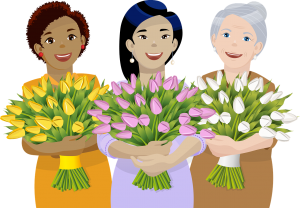 Illustration drei Frauen halten Tulpen