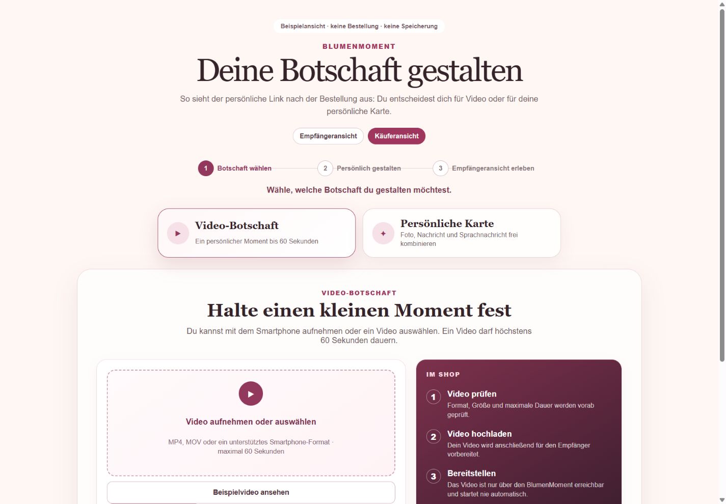 BlumenMoment-Gestaltung mit Auswahl zwischen Video-Botschaft und persönlicher Karte