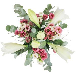 Blumenstrauß mit rosa Lisianthus und weißen Lilien