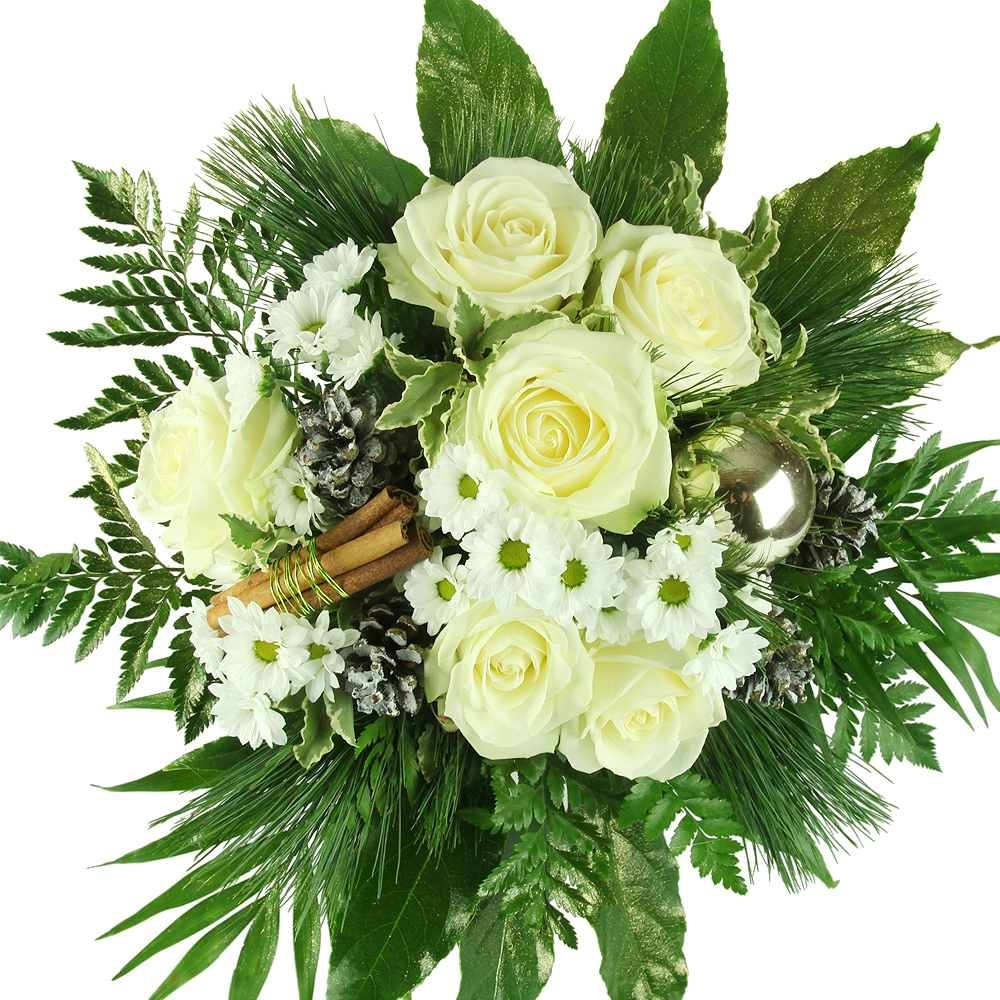 Rosenstrauß Weihnachten mit weißen Rosen, Zimtstange und Deko