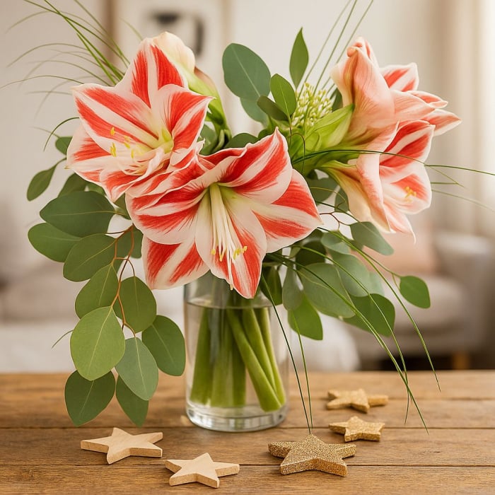 Zweifarbige Amaryllis rot-weiss Strauß Blumen