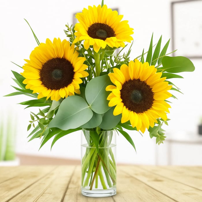 Drei Sonnenblumen mit Eukalyptus