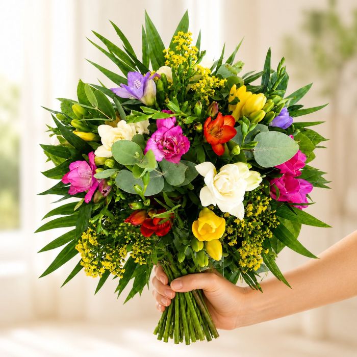 Lisianthus, Freesien, Eukalyptus Strauß von Hand gehalten