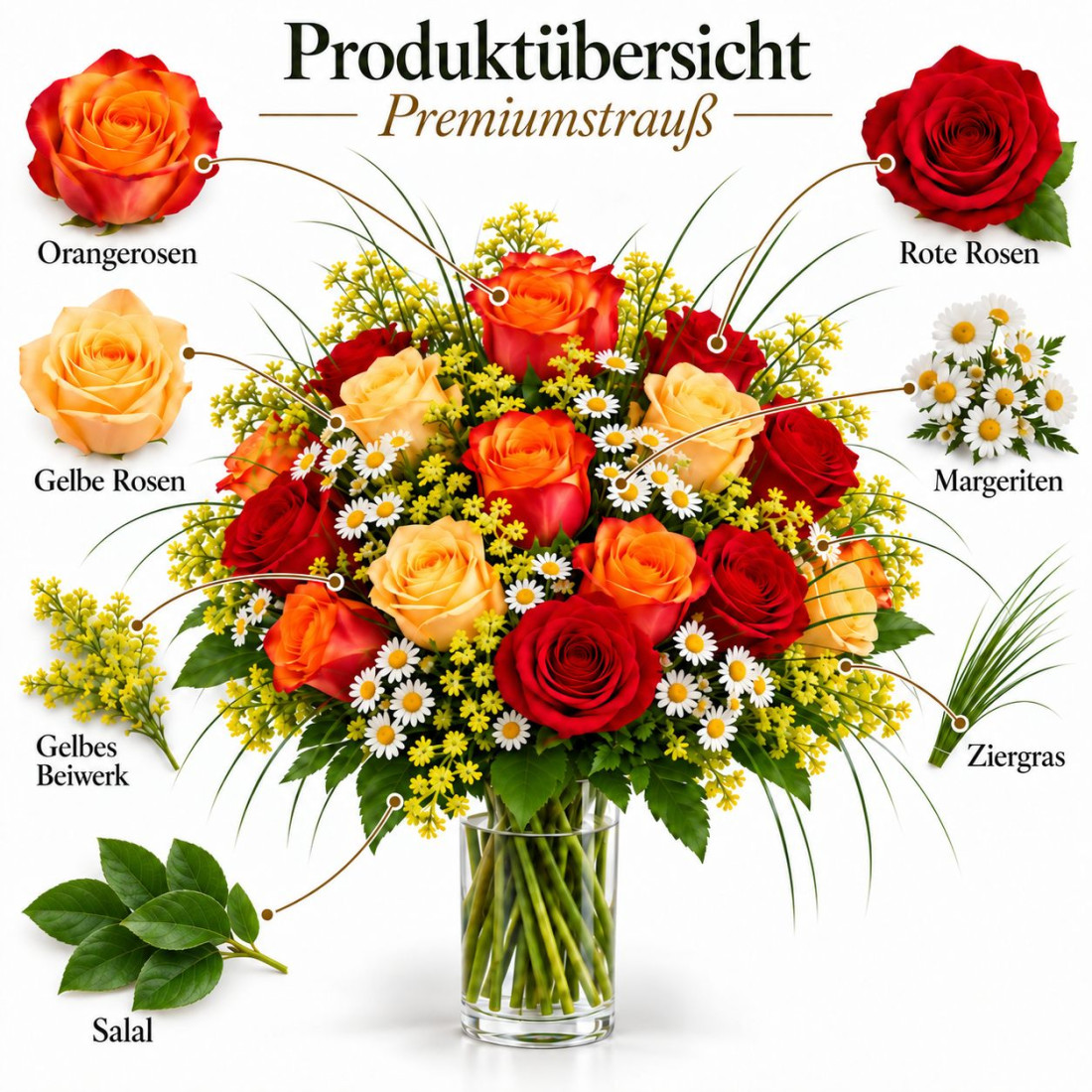 Rosenstrauß orange gelbe Rosen Explosionszeichnung
