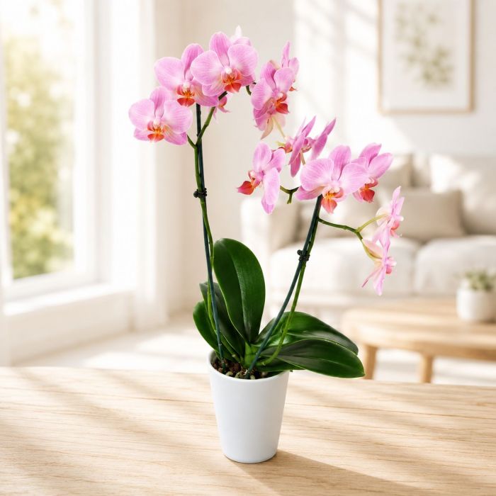 Edle rosa Orchidee im Übertopf