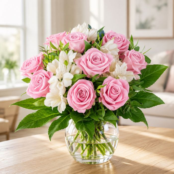 Blumenstrauß mit rosa Rosen und weißen Alstromerien