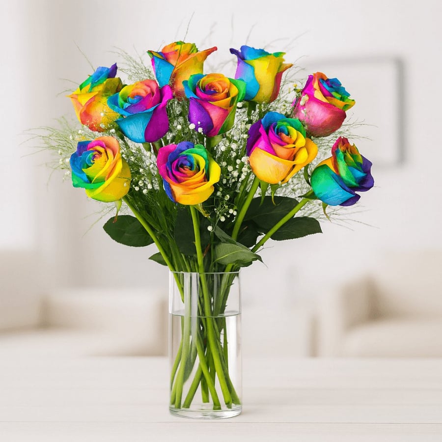 Regenbogenrosen in Vase