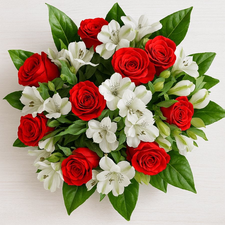 Blumenstrauß mit roten Rosen und Alstromerien