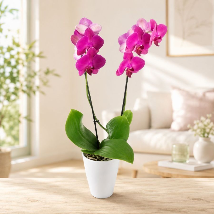 Lila Orchidee in einem eleganten Übertopf