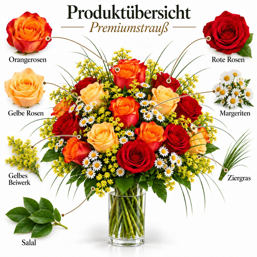 Rosenstrauß orange gelbe Rosen Explosionszeichnung