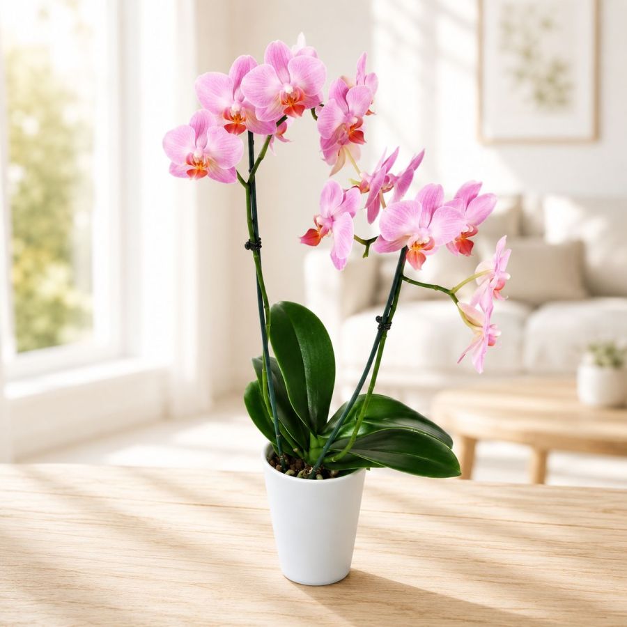Edle rosa Orchidee im Übertopf