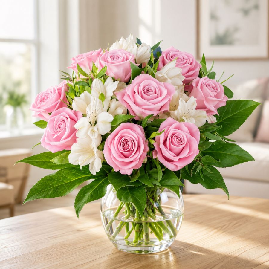Blumenstrauß mit rosa Rosen und weißen Alstromerien