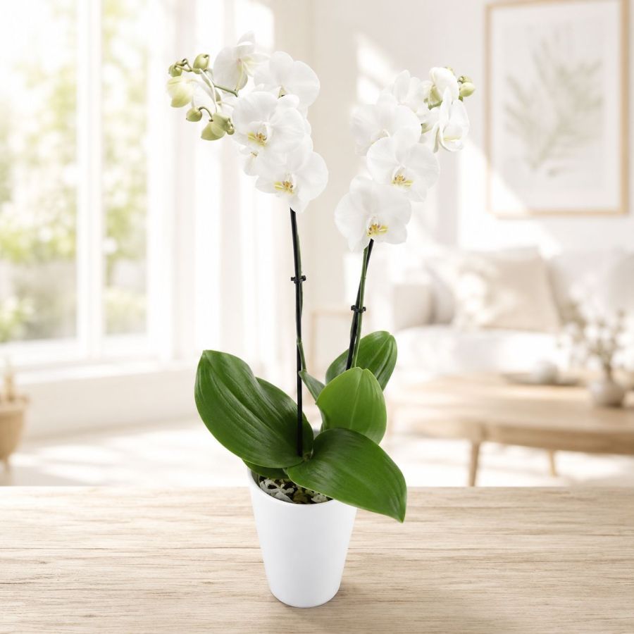 Elegante weiße Orchidee im Übertopf