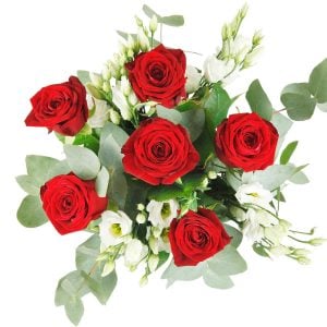 Blumenstrauß mit roten Rosen, weißem Lisianthus und Eukalyptus