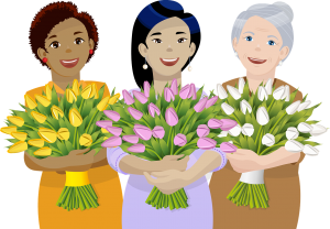 Illustration drei Frauen halten Tulpen