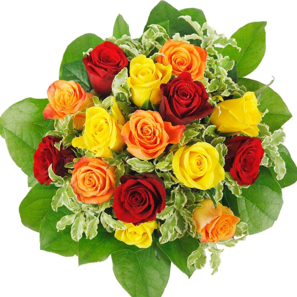 Blumenbouquet mit Rosen in rot, orange, gelb