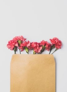 Pinke Schnittblumen im Briefumschlag