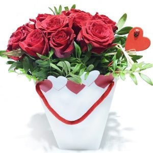 10 rote Rosen in einer Herztasche mit Pistazie, Herzstecker und Tasche