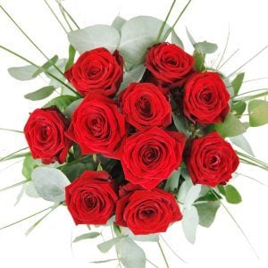 Premium Blumenstrauß mit 10 roten Rosen, Eukalypthus und Gras