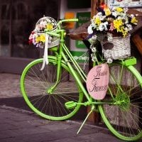 Grünes Fahrrad mit Blumen