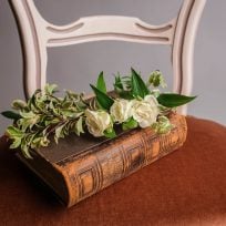 weiße Rose auf braunem Buch