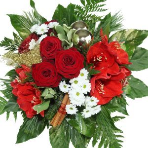 Premium Blumenstrauß Weihnachten mit roten Rosen zwei roten Amaryllis und Dekoration