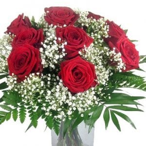 Blumenstrauß rote Rosen mit Schleierkraut
